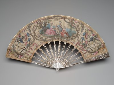 Fällbar fläkt med uppvaktningsscen och musiktroféer, ca 1770-80-tal av Unknown artist