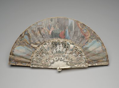 Hopfällbar fläkt med en scen av kortspelare i en fashionabel interiör, ca 1740-50-tal (gouache och akvarell på enstaka velängblad, elfenben eller ben, förgyllning, gouache, siden och mässing) av Unknown artist