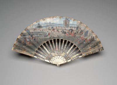 Hopfällbar fläkt med utsikt över Pont Neuf, ca 1755-60 (gouache & akvarell på dubbla velängblad, elfenben, förgyllning, gouache, pärlemor och ädelstenar) av Unknown artist