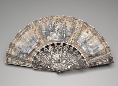 Fällbar fläkt med "grisaille"-scener, ca 1780-talet (gouache på dubbla sidenblad, mässing, metalltråd, ben eller elfenben, förgyllning, pärlemor och ädelstenar) av Unknown artist
