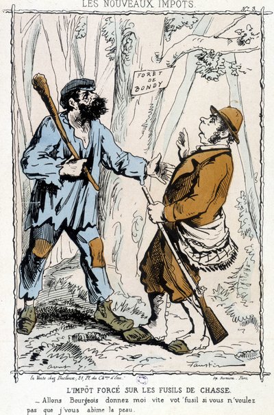 Tvångsskatt på hagelgevär: "Låt oss bli borgerliga, ge mig din pistol snabbt om du inte vill att jag ska förstöra din hud" - karikatyr om de "nya skatterna" av Unknown artist