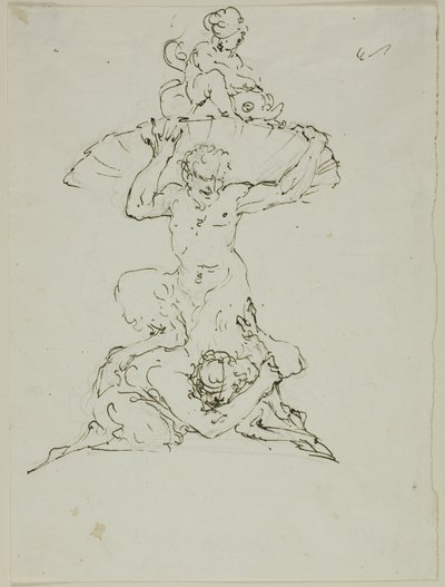 Fontän med Satyr och Putto (recto); Punchinello (verso) av Unknown artist