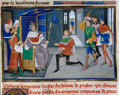 Fjärde korståget: representation av Alexis IV Angel (1182-1204) är kejsarkrona bredvid sin far Isaac II efter att ha lyckats få honom ur fängelset 1203. Miniatyr från "" Chronicle abregee"" av David Aubert av Unknown artist