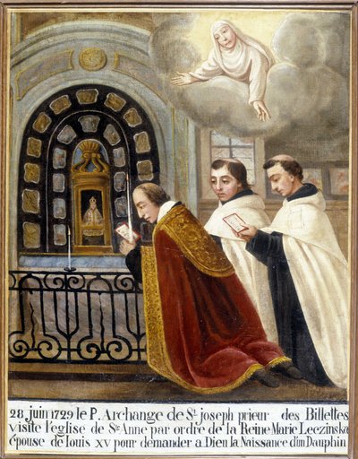Fr ärkeängeln av St Joseph, Prior of the Billettes, besöker kyrkan Saint Anne på order av drottning Mary Leszczynska, hustru till Ludvig XV för att be Gud om en delfins födelse, 28 juni 1729 - Ex-Voto Sainte Anne d