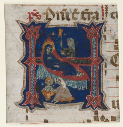 Fragment av en körbok med historisk initial (H): Jungfruns födelse av Unknown artist