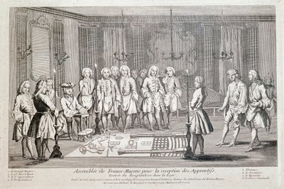 Freemaking: "Assembly of Francs Macons för antagning av lärlingar" Ceremoni för mottagarens inträde i logen. Han rör sig framåt, med randiga ögon, guidade av den andra handledaren, mot Stormästaren (sitter till vänster). På th av Unknown artist