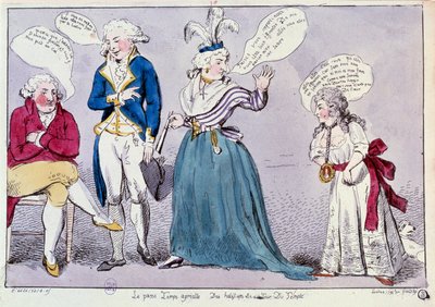 Franska revolutionen: Tecknad film mot familjen till drottning Marie Antoinette (1755-1793) och Ludvig XVI inlåsta i tempelfängelset. Drottningen och kungens syster Madame Elisabeth bråkar under ögat rester av kungen. Deras ord är skrivna i bubblor av Unknown artist