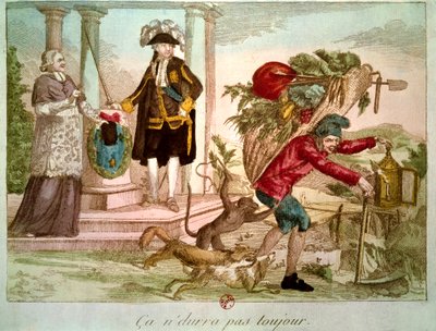 Franska revolutionen: "" Det kommer inte alltid att hålla "": bonde överväldigad av en prelat och en adel. Gravyr av 1700-talet. B.N., Paris. av Unknown artist