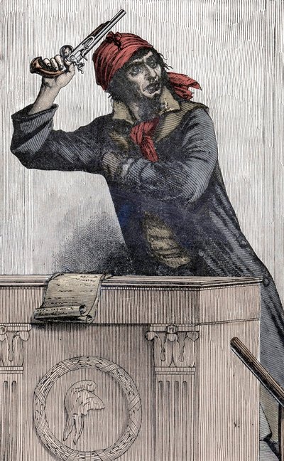 Franska revolutionen: Porträtt av Jean Paul Marat (1743-1793), Montagnard-deputerad vid konventet, grenar en pistol vid podiet - av Unknown artist