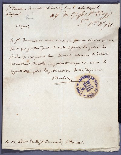 Franska revolutionen: handskrivet brev daterat 1793-02-26 från en denomme Merlin om erövringen av staden Breda i Holland den 24 februari av general Dumouriez. Institutionsarkivet för Nord Lille av Unknown artist