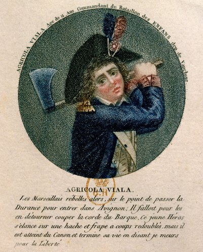 Franska revolutionen: porträtt av den unge Joseph Agricol Viala (1780-1793) som deltog i Marseilleupproret 1793. Han är en representant som håller i en yxa. 1700-talets Paris, B.N av Unknown artist