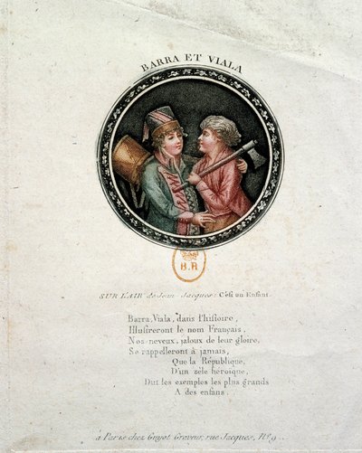 Franska revolutionen: representation av Barra och Viala. Joseph Agricol Viala (1780-1793) och Joseph Bara (1780-1793), hjältebarn från den franska revolutionen som kämpade i Marseille respektive i Vendee för Republique. Gravyr av 1700-talet av Unknown artist