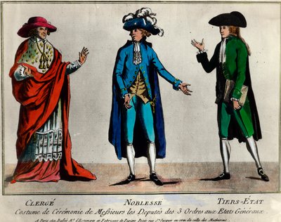 Franska revolutionen: representation av deputerade för de tre orden i Generalstaterna i ceremoniell kostym: prästerskapet, adeln och den tredje staten (tredje staterna). Tryck från slutet av 1700-talets privatsamling av Unknown artist