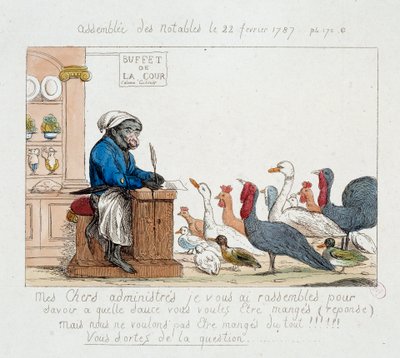 Franska revolutionen: "" the Assembllee des notables du 22 februari 1787"" Karikatyr som representerar kung Ludvig XVI i apkock som presiderar över en församling bestående av kalkoner, höns, gäss och kalkoner. Teckning av 1700-talet. Paris Musée Carnavalet av Unknown artist