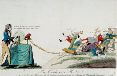 Franska revolutionen: slutet på despotismen. En man skickar elektriska urladdningar (mänskliga rättigheter) till europeiska härskare som faller från deras tron. Gravyr omkring 1789. Paris, Musee Carnavalet av Unknown artist