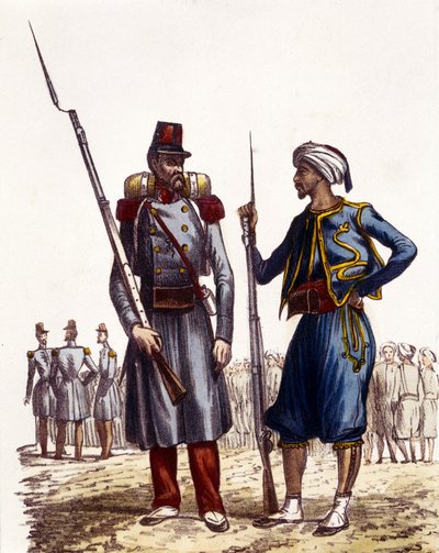 Fransk militäruniform: Till vänster bildades en främmande legion som skickades till Algeriet 1831. Till höger inhemska ryttare, tränade och skickade till Algeriet 1841. I L