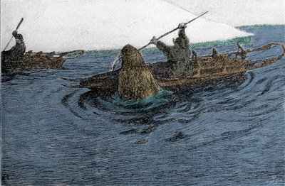 Fridtjof Nansen (1861-1930), norsk upptäcktsresande, attackerad av en valross under expeditionen på Nordpolen 1896. Han bär Schlitte på kajaken. Gravyr av 1800-talet. av Unknown artist