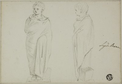Framifrån och från sidan av statyn av pojken klädd i Toga av Unknown artist