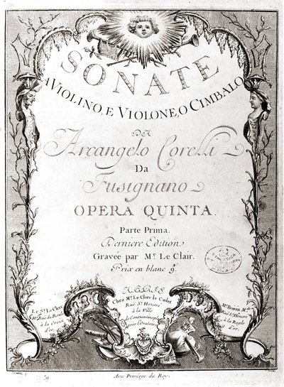 Frontispice av 12 sonater för violin, bas och cembalo av Arcangelo Corelli (1653 - 1713). Fransk version. av Unknown artist