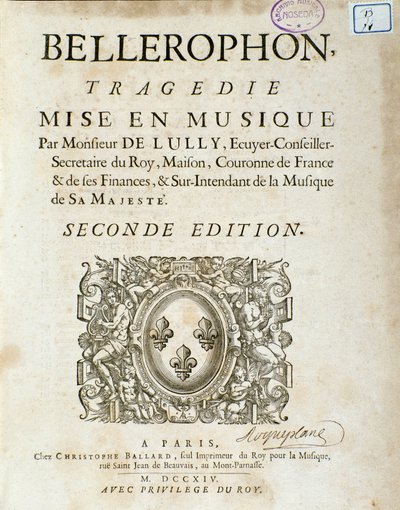 Frontispice av "" Bellerophon "" Lyrique-tragedi i fem akter med en prolog av Jean Baptiste Lully (Giovanni Battista Lulli) (Jean-Baptiste) (1632-1687). 1714. av Unknown artist