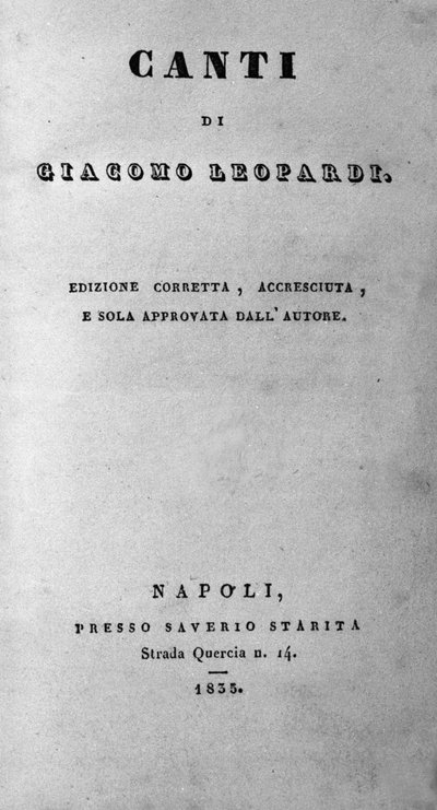 Frontispice of "" Canti "" (Chants) av den italienska poeten Giacomo Leopardi (1798 - 1837) 1835 av Unknown artist