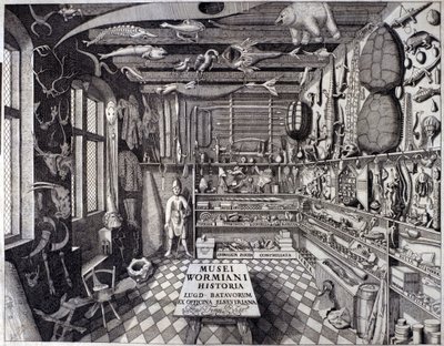 Frontispice av "Musei Wormiani Historia"" som visar interiören av skåpet av kuriositeter av Ole Worm eller Olaus Wormius av Unknown artist