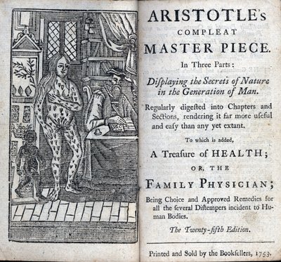 Frontispice av en medicinsk behandling av den grekiske filosofen Aristoteles (384-322 f.Kr.). (ARISTOTTELESS KOMPLETTA MÄSTERVERK I TRE DELAR. VISAR NATURENS HEMLIGHETER I MÄNNISKENS GENERATION) 1753 av Unknown artist