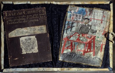 Frontispice av diktsamlingen av den portugisiske poeten Luis Vaz de Camoes, känd som kamoanerna (1525-1580). Poeten sitter fängslad där. Lissabon, Nationalmuseet för antik konst av Unknown artist