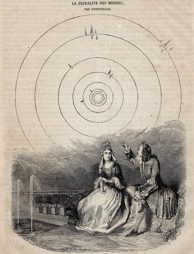 Frontispice of the "plurality of worlds" av Bernard Le Bouyer (Le Bovier) av Fontenelle (1657-1757) graverad av Bernard Picard 1756 av Unknown artist