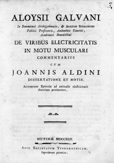 Frontispice av ""De Viribus Electricitatis in Motu Musculari Commentarius""" En avhandling om cirkulationen av elektricitet i djurens muskler, av Luigi Galvani, italiensk fysiker av Unknown artist