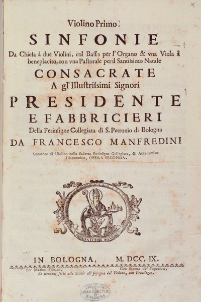 Frontispice av musik från Sinfonia da chiesa och två violiner av Francesco Manfredini av Unknown artist