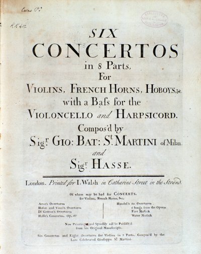 Frontispice av partitur av sex konserter i 8 delar av GB Sammartini och J A Hasse av Unknown artist