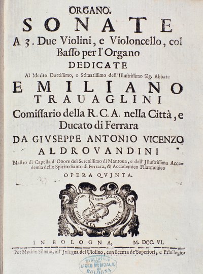 Frontispice av partitur av "" Sonat för 2 violiner, cello och orgel, op. 5 ”” av Giuseppe Aldrovandini av Unknown artist