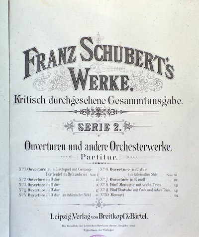 Frontispice av musikaliska partitur av olika ouverturer av Franz Schubert av Unknown artist