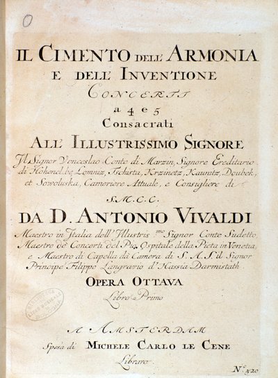 Frontispice av musikpartitur av violin i konsert V i The trial of harmony and uppfinning av den italienske kompositören Antonio Vivaldi av Unknown artist