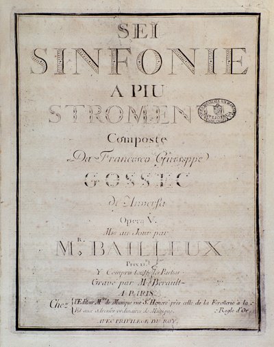 Frontispice av partituret till Sei sinfonie a piu strumenti op. 5 (första symfonin) av Francois Joseph Gossec av Unknown artist