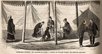 Begravningsceremonier: efter förbränning, insamling av lämningar. Gravyr för att illustrera resan till Japan 1863-1864, av Aime Humbert, minister för Schweiziska edsförbundet, i "Le tour du monde, nouveau journal des voyages", publicerad under ledning av Unknown artist