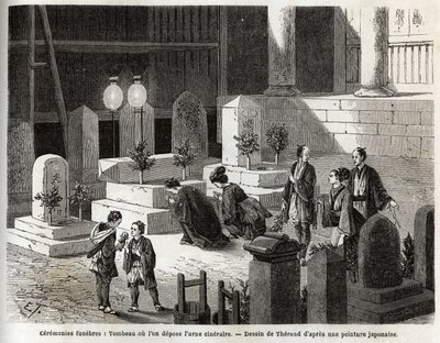 Begravningsceremonier: grav där vingårdsurnan är placerad. Gravyr för att illustrera resan till Japan 1863-1864, av Aime Humbert, minister för Schweiziska edsförbundet, i "Le tour du monde, nouveau journal des voyages", publicerad under ledning av av Unknown artist