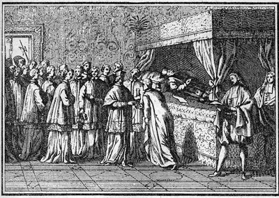 Begravning av en påve på 1700-talet: erkännande av den döde påvens kropp. Gravyr i "Histoire des religions"". av Unknown artist