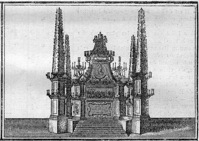 Begravning av en påve på 1700-talet: den sene påvens katafalk. Gravyr i "Histoire des religions"". av Unknown artist