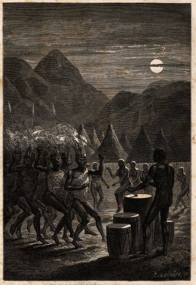 Begravningsceremoni bland Lakutas (stam belägen i Upper Nile-regionen), trummor och rituella danser i månskenet. Engravure pour illustration le voyage au lac Albert, en 1861-1864, av Sir Samuel White Baker, i "Le tour du monde, nouveau journal des av Unknown artist