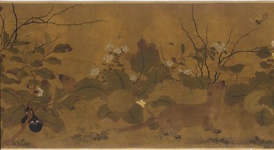 Trädgårdsscen: meloner, äggplantor, blommor och två vesslor av Unknown artist