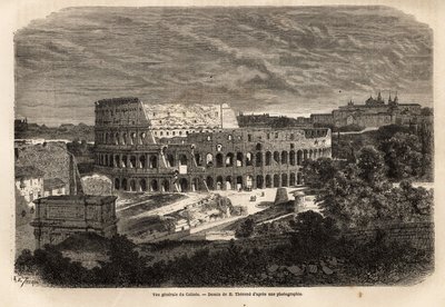 Allmän bild av Colisee, i Rom, Flavian amfiteater färdigställd år 80, under kejsar Titus regeringstid, med plats för upp till 75 000 människor, den förblev i tjänst fram till 600-talet, symbol för imperial Rom, belägen öster om Forum Romanum, den är av Unknown artist