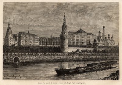 Generell bild av Kreml, Moskvas geografiska centrum och Rysslands politiska centrum, grannskapet som byggdes på 1300-talet har alltid byggts ut och restaurerats i hela landets historiska peripetier. Gravyr för att illustrera La Rus av Unknown artist
