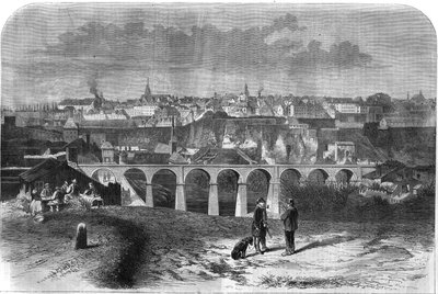 Översikt över staden Luxemburg. Gravyr i "The Illustrous Universe" av Unknown artist