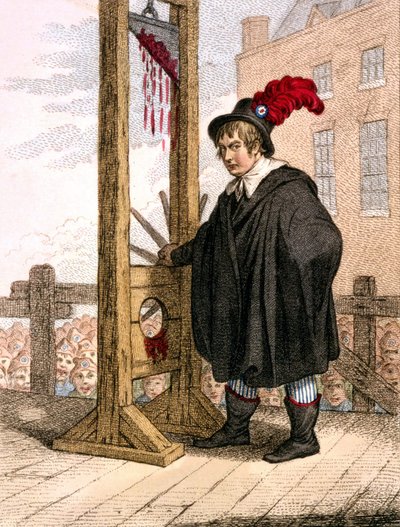 George Tierney klädd som en bödel som står bredvid en giljotin. av Unknown artist