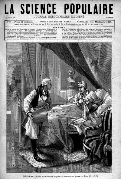 Georges Louis Leclerc Buffon i sin säng, dalen kastade en hink med isvatten på honom. I "Populärvetenskap", 15 april av Unknown artist