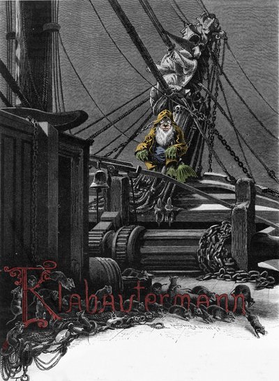 Germansk mytologi: representation av en Klabautermann på däcket av en båt, en älvbeskyddare av fartyg till havs. Gravyr av 1800-talet av Unknown artist
