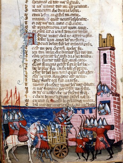 Gester sång: stridsscen nära en befäst stad. Karl den Stores trupper (742-814) stred mot Spaniens morer. Miniatyr hämtad från det fransk-italienska manuskriptet "Entreée d
