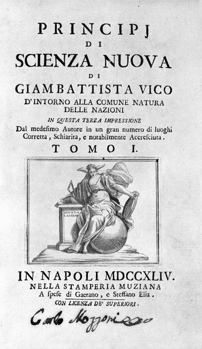 Giambattista Vico. Kallas även Giovanni, Gian Battista, Jean Baptiste eller Jean-Baptiste. Frontispice av "" The New Science "" av Unknown artist